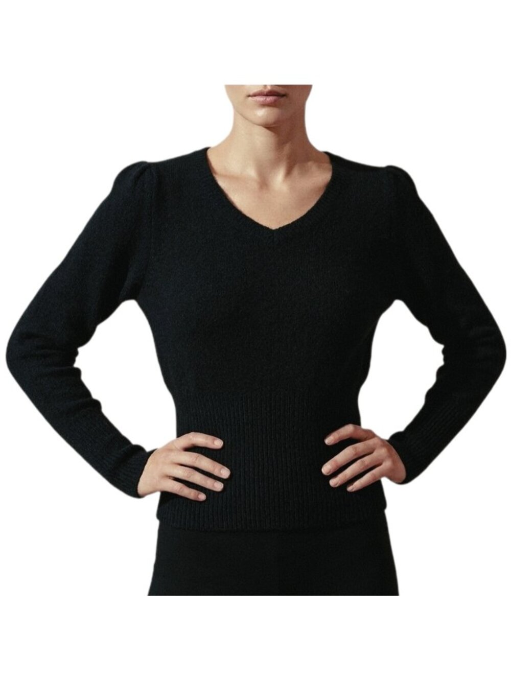 Molly Bracken Black Puff Sleeve Ribbed Waist Sweater Vneck Fuzzy Knit Top